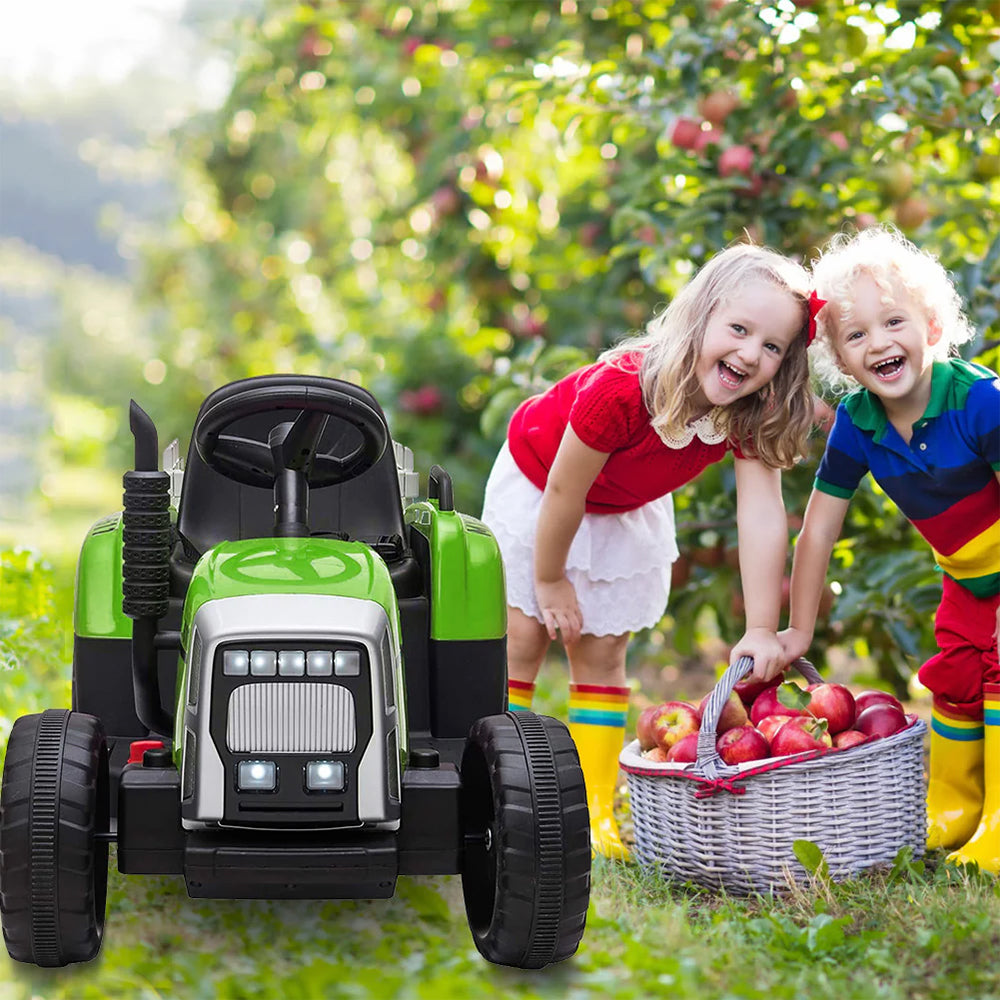 Garvee Tractor Eléctrico 12V, 2 Modos De Conducción, Mando A Distancia, 3 Velocidades, Remolque, Luces LED, Bluetooth, Música USB, 3-7 años, Jardín, Verde