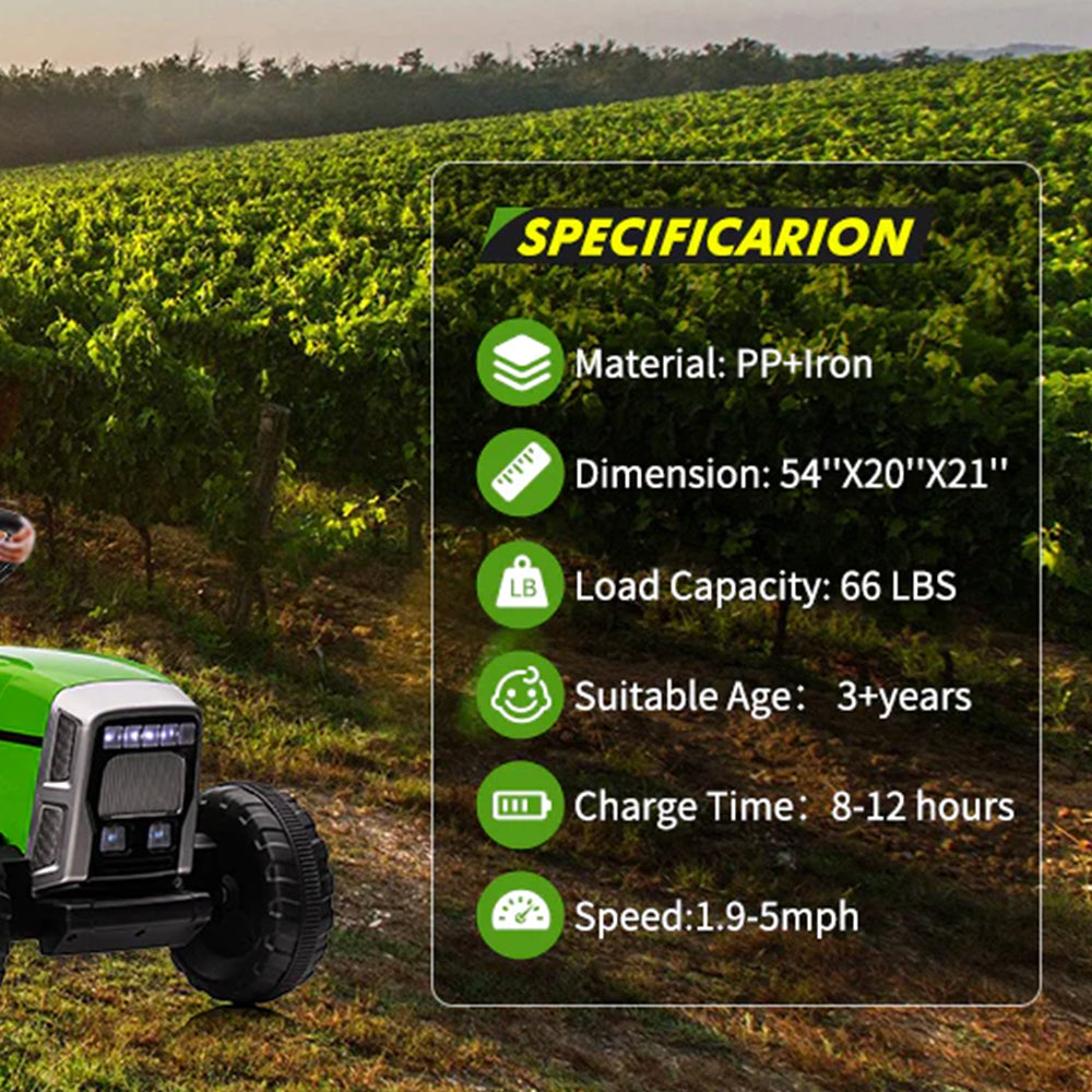 Garvee Tractor Eléctrico 12V, 2 Modos De Conducción, Mando A Distancia, 3 Velocidades, Remolque, Luces LED, Bluetooth, Música USB, 3-7 años, Jardín, Verde