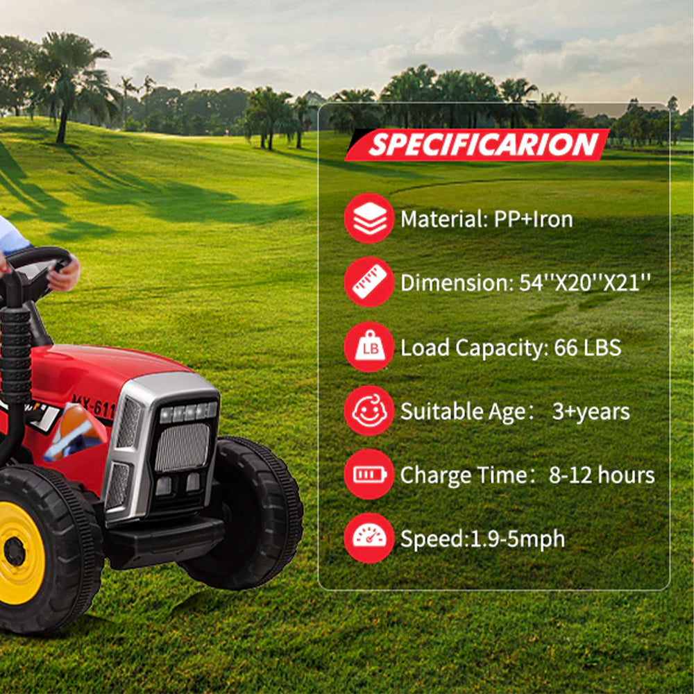 Garvee Tractor Eléctrico 12V, Remolque Extraíble, Luces LED y Bluetooth, 3-7 años, Jardín, Rojo