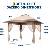Garvee Gazebo Plegable de 4 x 4 m Carpa de Jardín con Bloqueo Central One Push Altura Ajustable y Mosquitera Protección UV y Lluvia Caqui