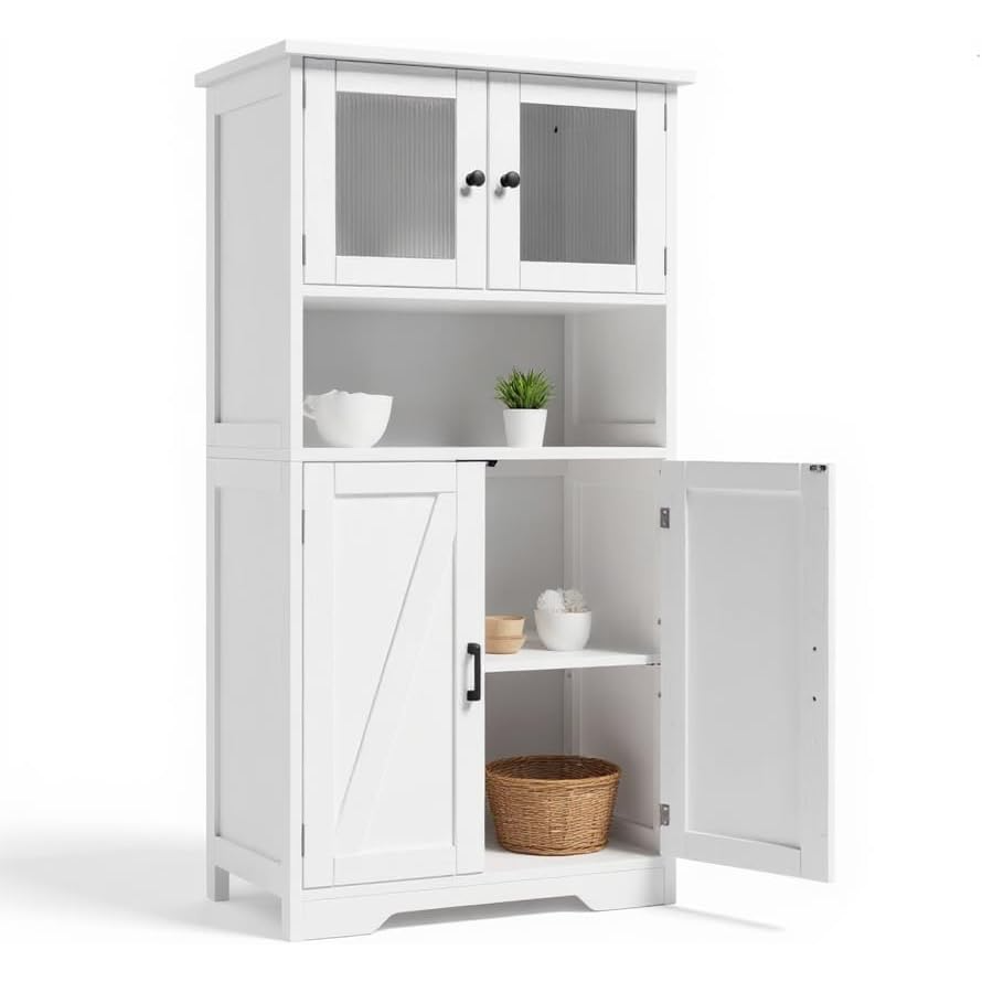 Garvee Bathroom Armoire 130cm With 4 Doors Adjustable Shelves 4 Compartments White Modern Frosted Glass Easy Assembly
