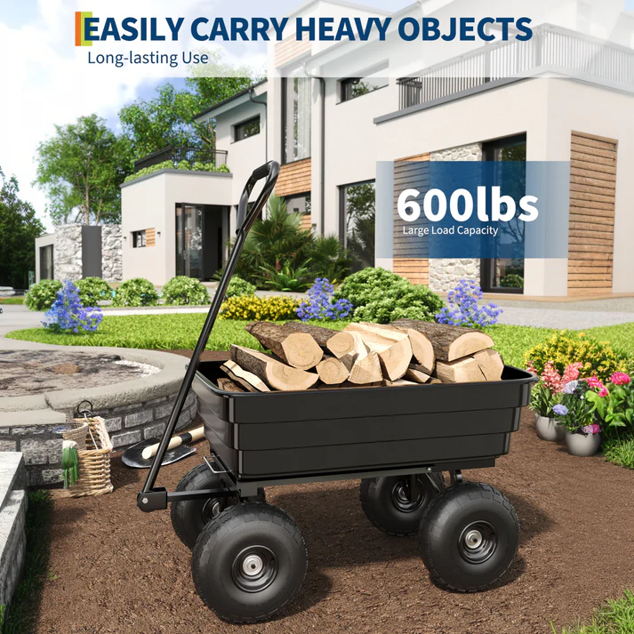 Garvee Carro Volteo Polietileno 272 kg Neumáticos Antipinchazos Jardín Exterior Acero Negro