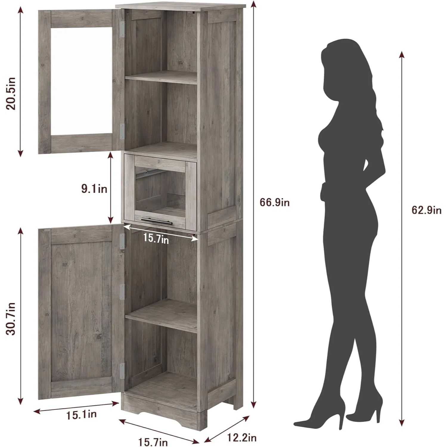 Garvee Mueble De Baño Alto Estrecho Con Puertas Y Estante Ajustable Para Lavandería Cocina Sala De Estar 170 Cm Gris