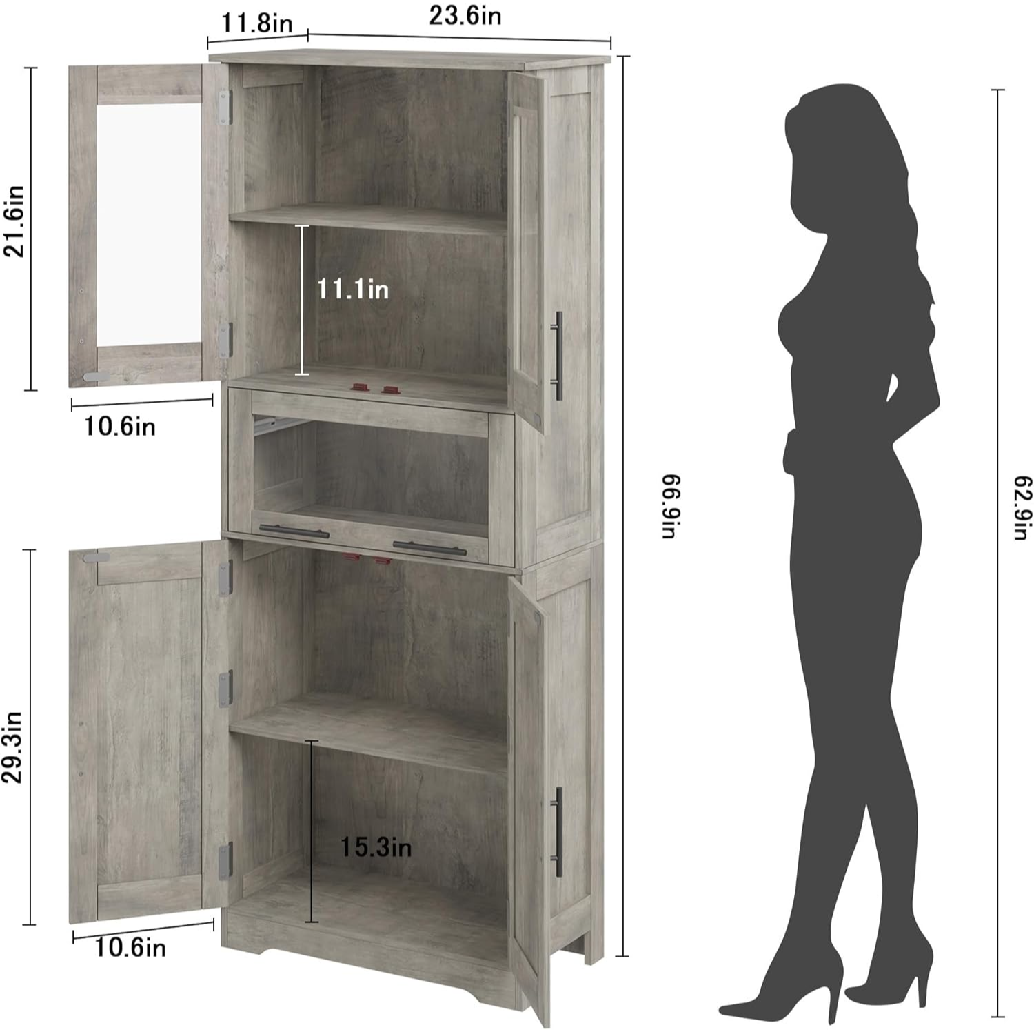 Garvee Gabinete para baño delgado con 4 puertas, estante ajustable, MDF impermeable para baño y cocina, 60x30x170cm, Gris