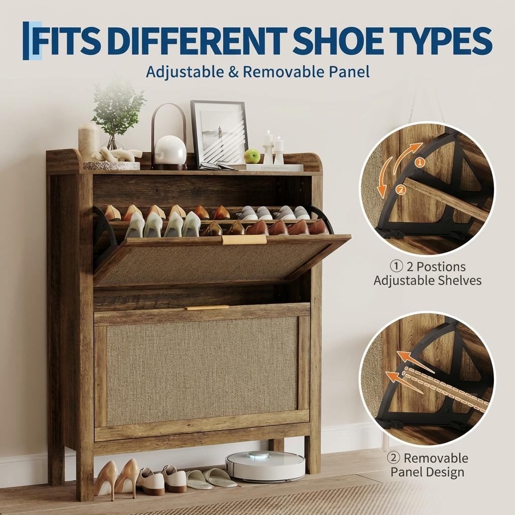 Garvee Zapatero de Ratán con 2 Cajones Abatibles Mueble Organizador de Zapatos MDF Estilo Rústico para Entrada 81 cm Madera