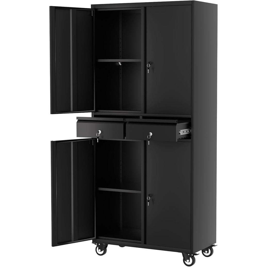Garvee Gabinete de Garaje 180 cm con Ruedas Bloqueables y Estantes Ajustables, Acero Resistente, Organizador Móvil para Taller y Hogar, Negro