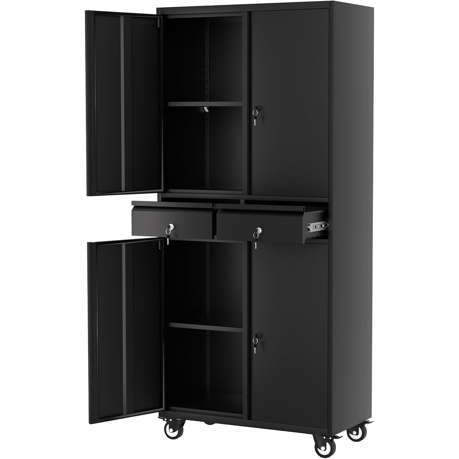 Garvee Gabinete de Garaje 180 cm con Ruedas Bloqueables y Estantes Ajustables, Acero Resistente, Organizador Móvil para Taller y Hogar, Negro