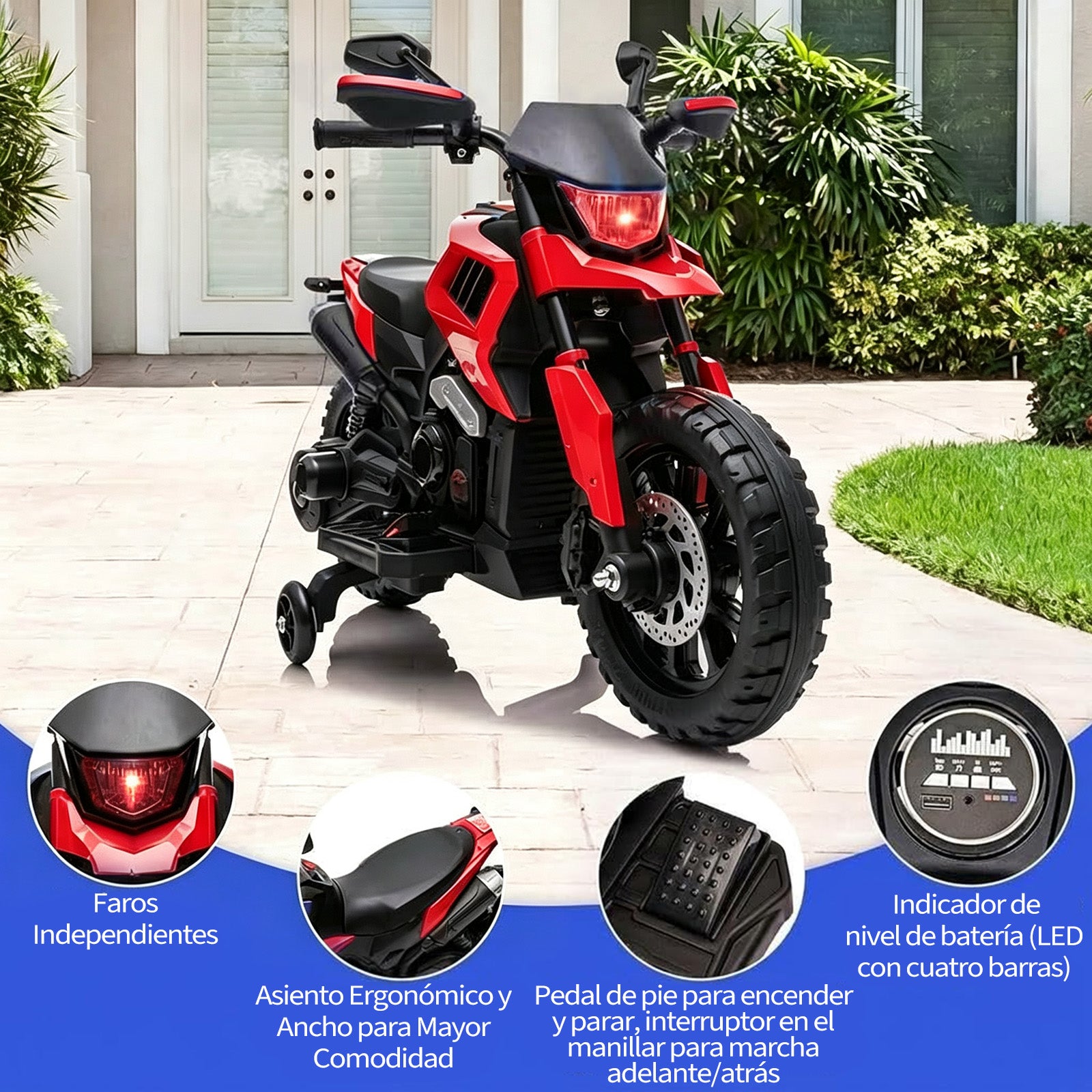 Garvee Moto Eléctrica Infantil 6V 4Ah, 3 Velocidades, Ruedas de Apoyo, Faros LED y Música, para Niños de 3 a 6 Años, 25 kg, Rojo
