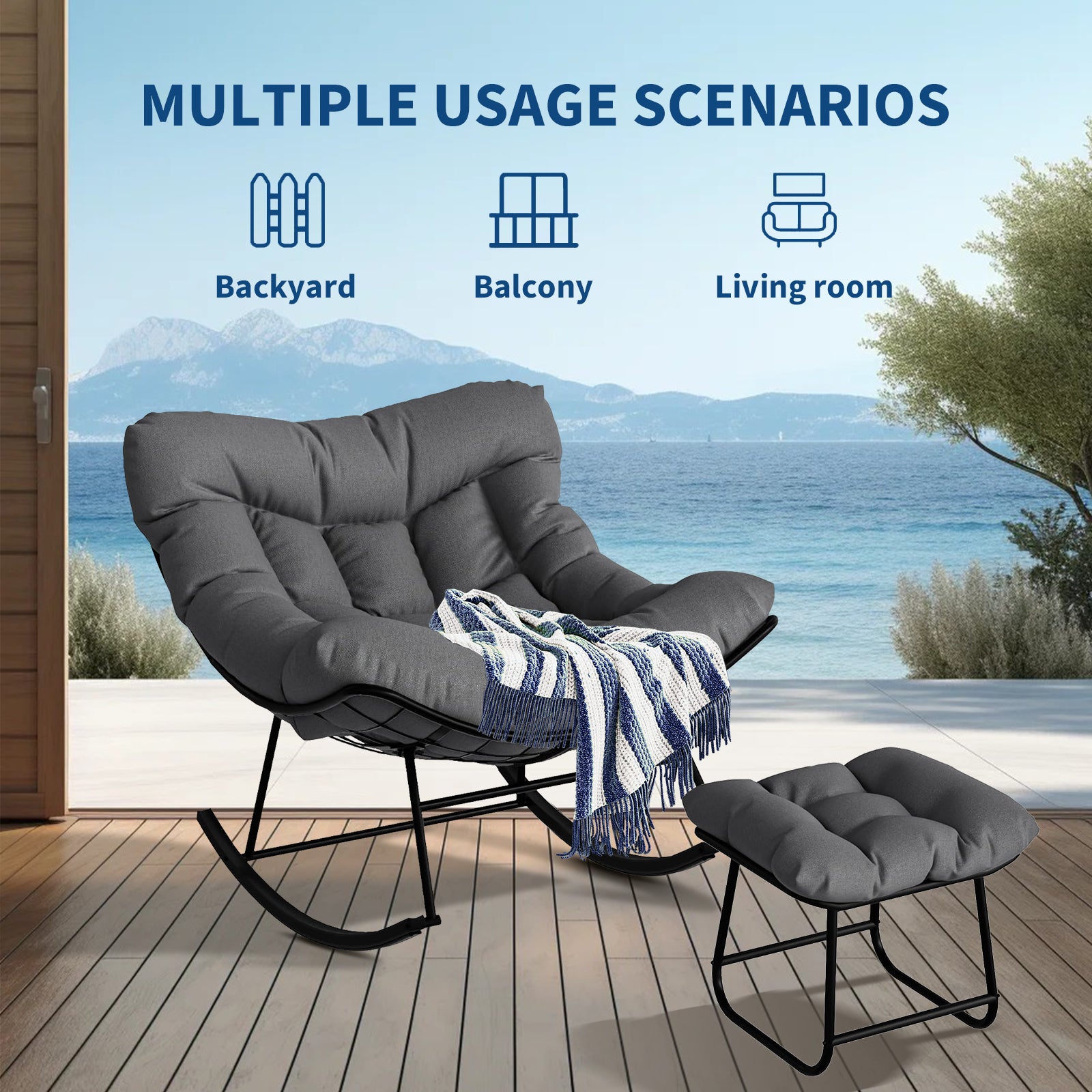 Garvee Silla Mecedora de Patio Grand Rocking Chair con Cojín Cómodo y Revestimiento E-Coating, Madera Resistente para Balcón y Jardín