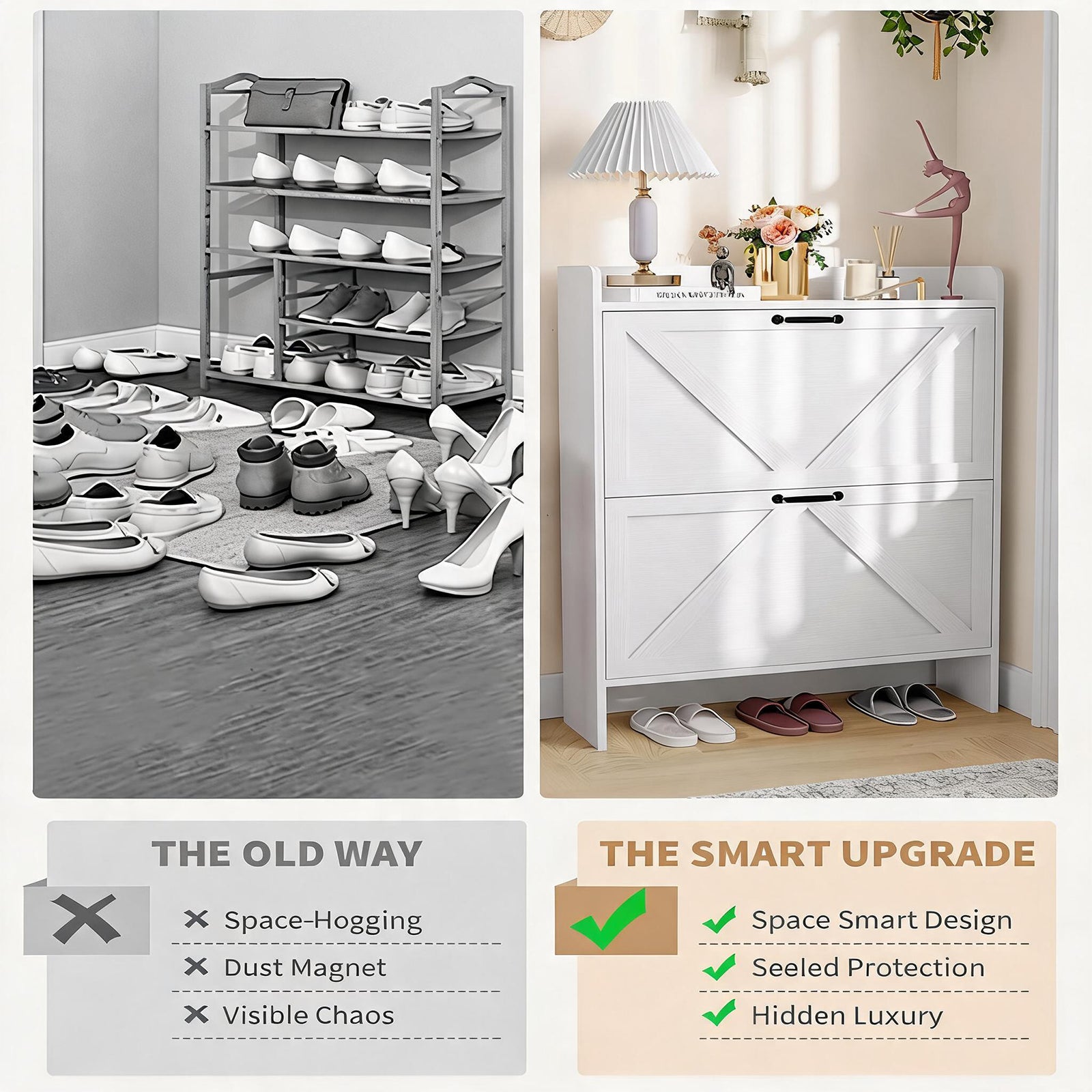 Garvee Zapatero Estrecho de Recibidor con 2 Cajones Abatibles Organizador de Zapatos Oculto de Madera MDF y Patas Metálicas Mueble Estilo Rústico, Blanco
