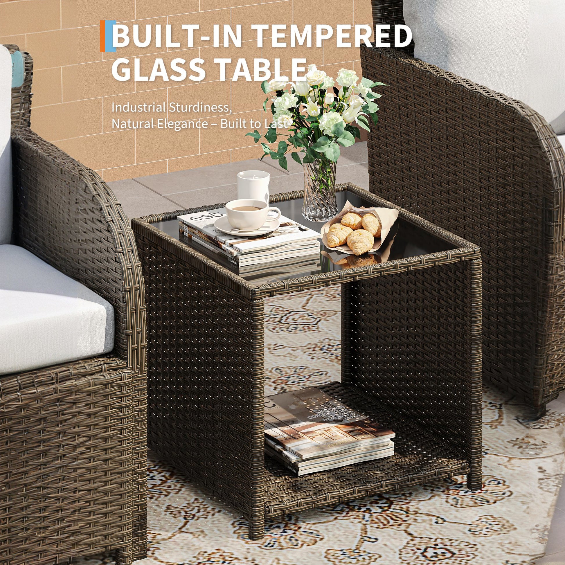 Garvee Conjunto de Muebles de Jardín de Ratán de 5 Piezas con 2 Sillones Mesa de Vidrio y Otomanas para Balcón y Terraza, Marrón y Beige