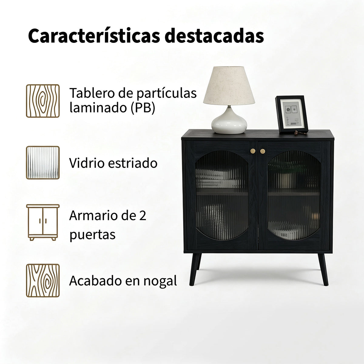 Garvee Aparador Contemporáneo de PB con 2 Puertas de Vidrio Texturizado Mueble Multifuncional para Salón o Pasillo Negro