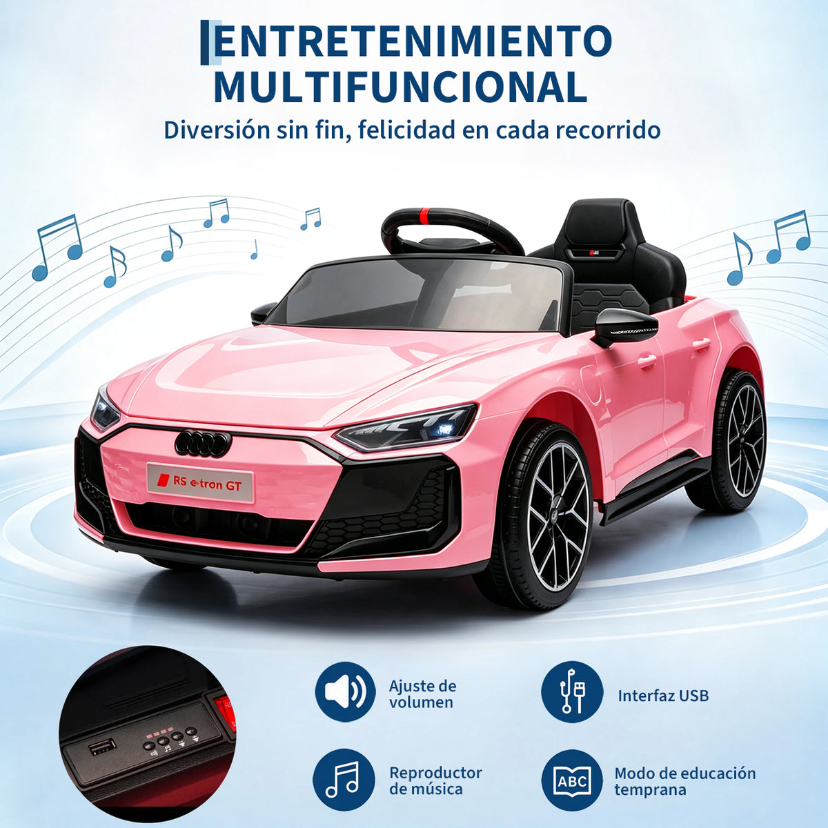 Garvee Coche Eléctrico Infantil de 12 V 4,5 Ah con Licencia Audi, Doble Modo de Conducción con Mando a Distancia, Cinturón de Seguridad, Música por USB y Doble Motor 390, Estándar EU, Rosa