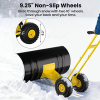 Garvee Pala de Nieve de Acero Galvanizado 73.66 Cm con Ruedas, Hoja Ajustable 7 Posiciones, Mango Ergonómico 5 Niveles, Armazón Robusto para Usuarios Comunes en Entradas y Aceras, Amarillo