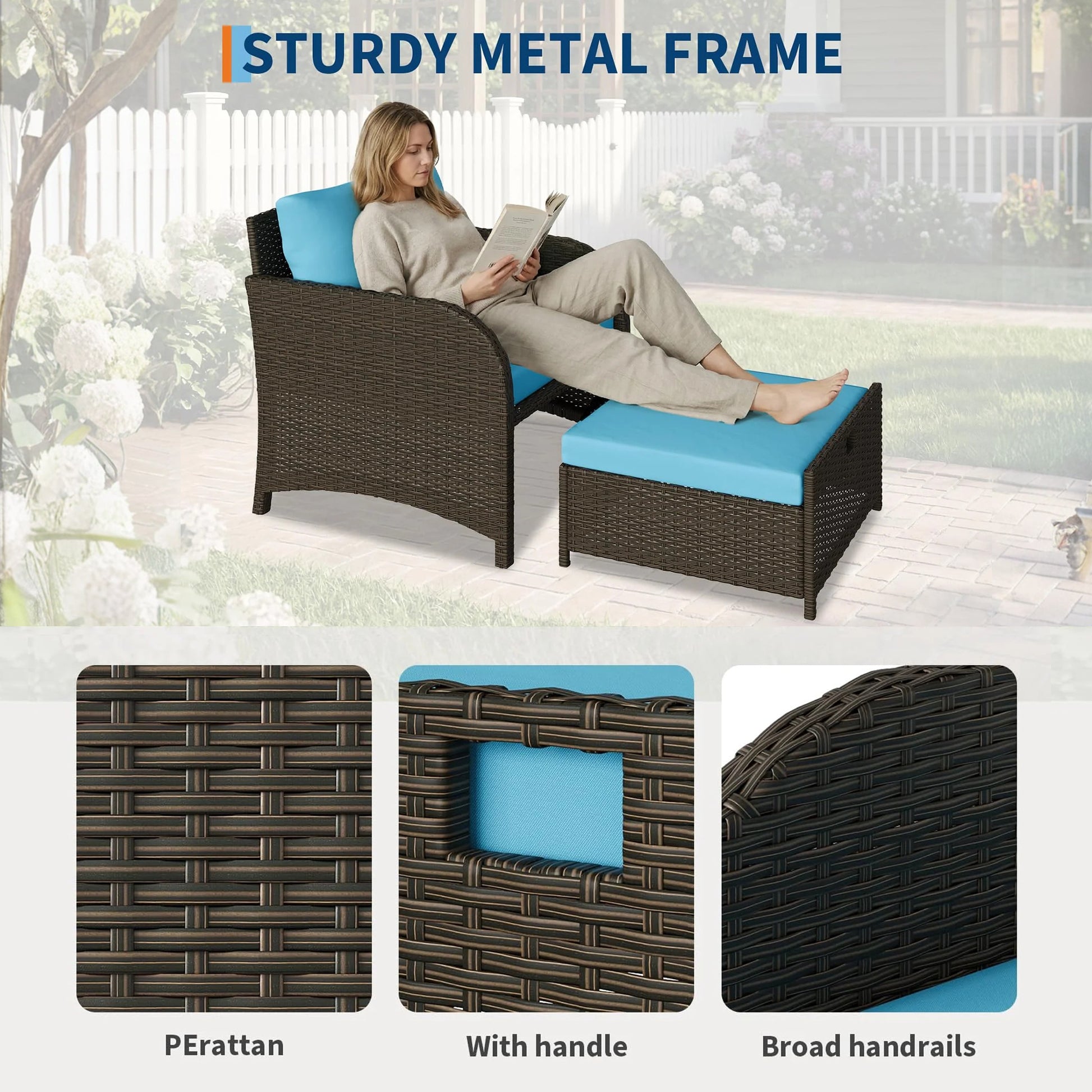 Garvee Conjunto de Muebles de Jardín de Ratán de 5 Piezas con 2 Sillones Mesa de Vidrio y Otomanas para Balcón y Terraza, Marrón y Azul Cielo