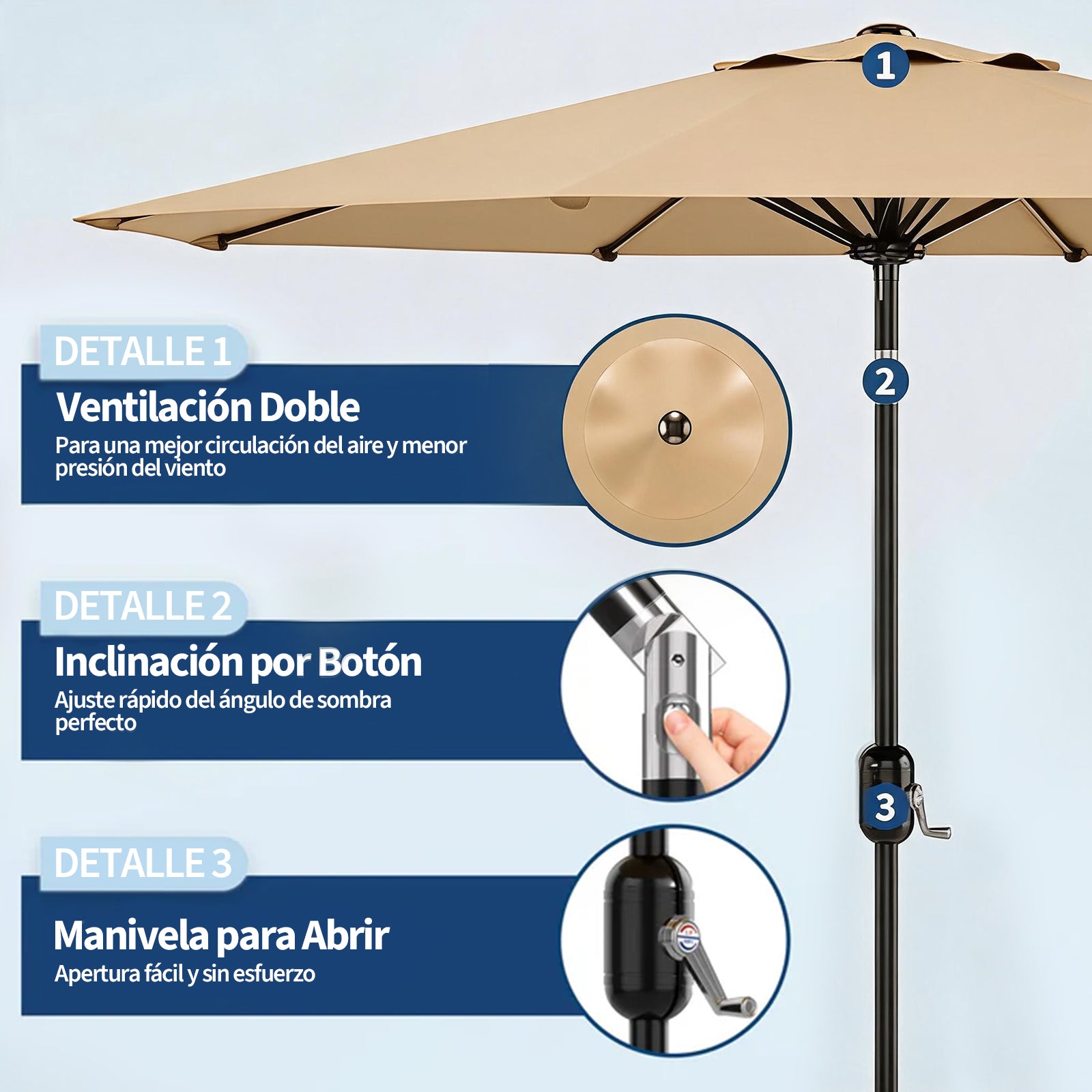Garvee Sombrilla de Jardín Caqui de 270 cm Parasol de Terraza con Manivela e Inclinación 180° UV50+