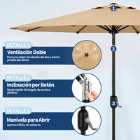 Garvee Sombrilla de Jardín Caqui de 270 cm Parasol de Terraza con Manivela e Inclinación 180° UV50+