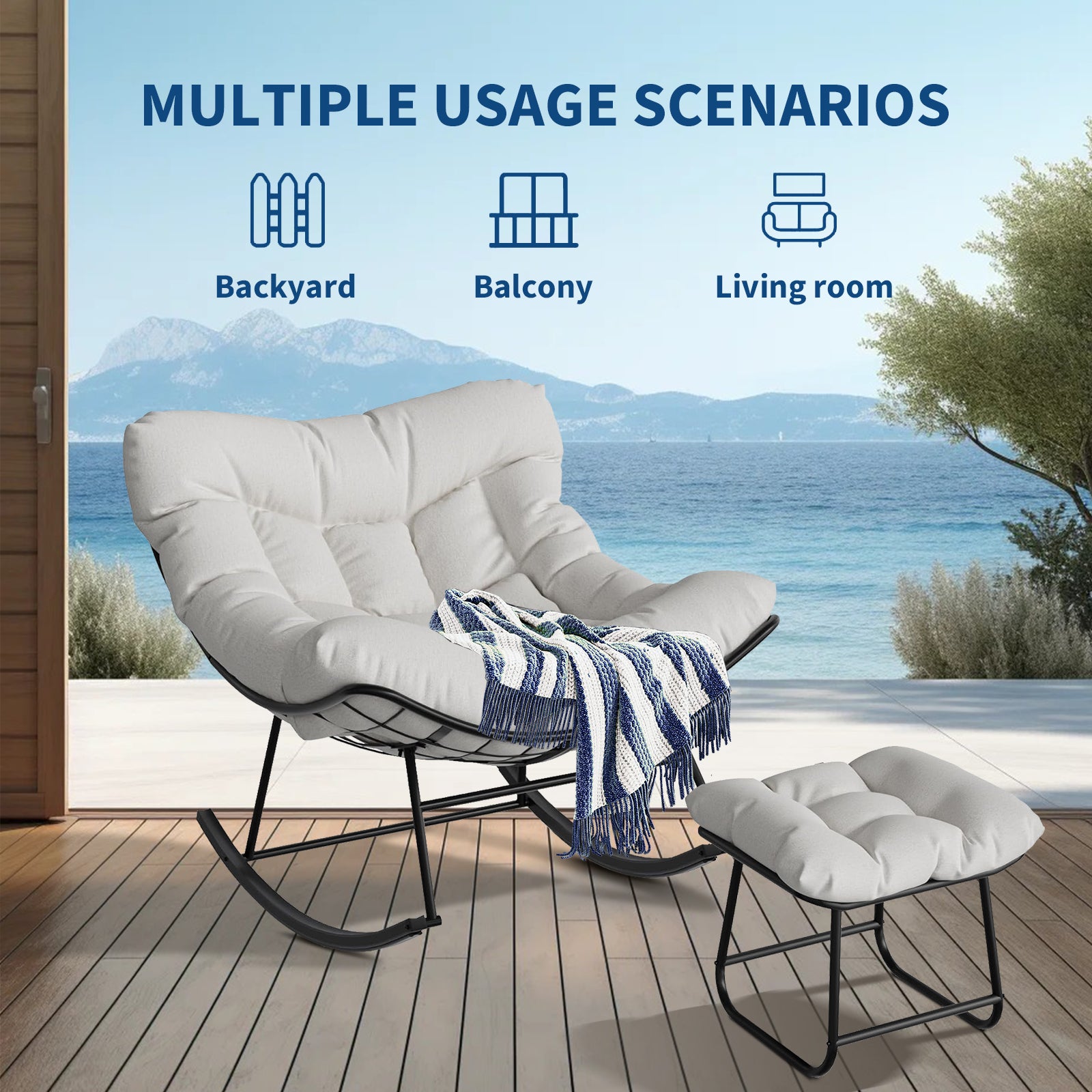 Garvee Silla Mecedora de Patio Grand con Reposapiés Acero Resistente Cojín Cómodo para Balcón y Porche