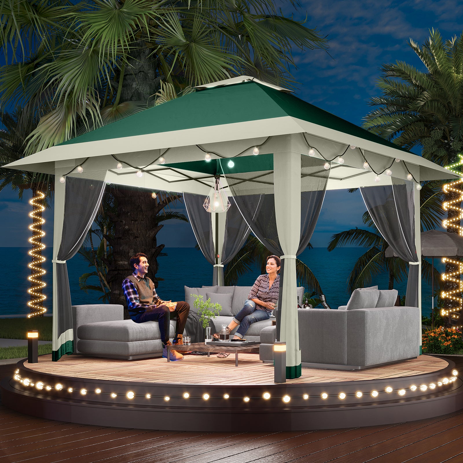 Garvee Gazebo Plegable de 396 x 396 cm con Mosquitera Perimetral y Estructura Reforzada, Protección UV 99%, Verde y Gris