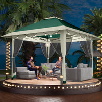 Garvee Gazebo Plegable de 396 x 396 cm con Mosquitera Perimetral y Estructura Reforzada, Protección UV 99%, Verde y Gris