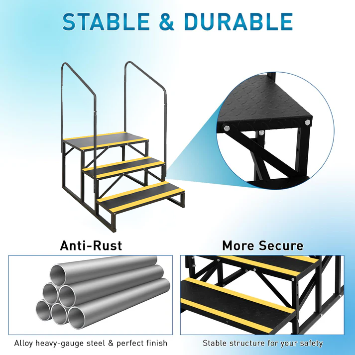 Garvee Escalera RV 3 Pasos con Barandilla Doble, Antideslizante, Acero, Portátil para Campers y Piscinas, Uso Interior y Exterior