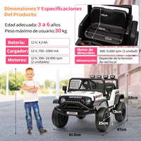 Garvee Coche Eléctrico Infantil 12V con Control Remoto Parental, Todoterreno con Música y Luces LED para Niños de 3 a 6 Años, Blanco