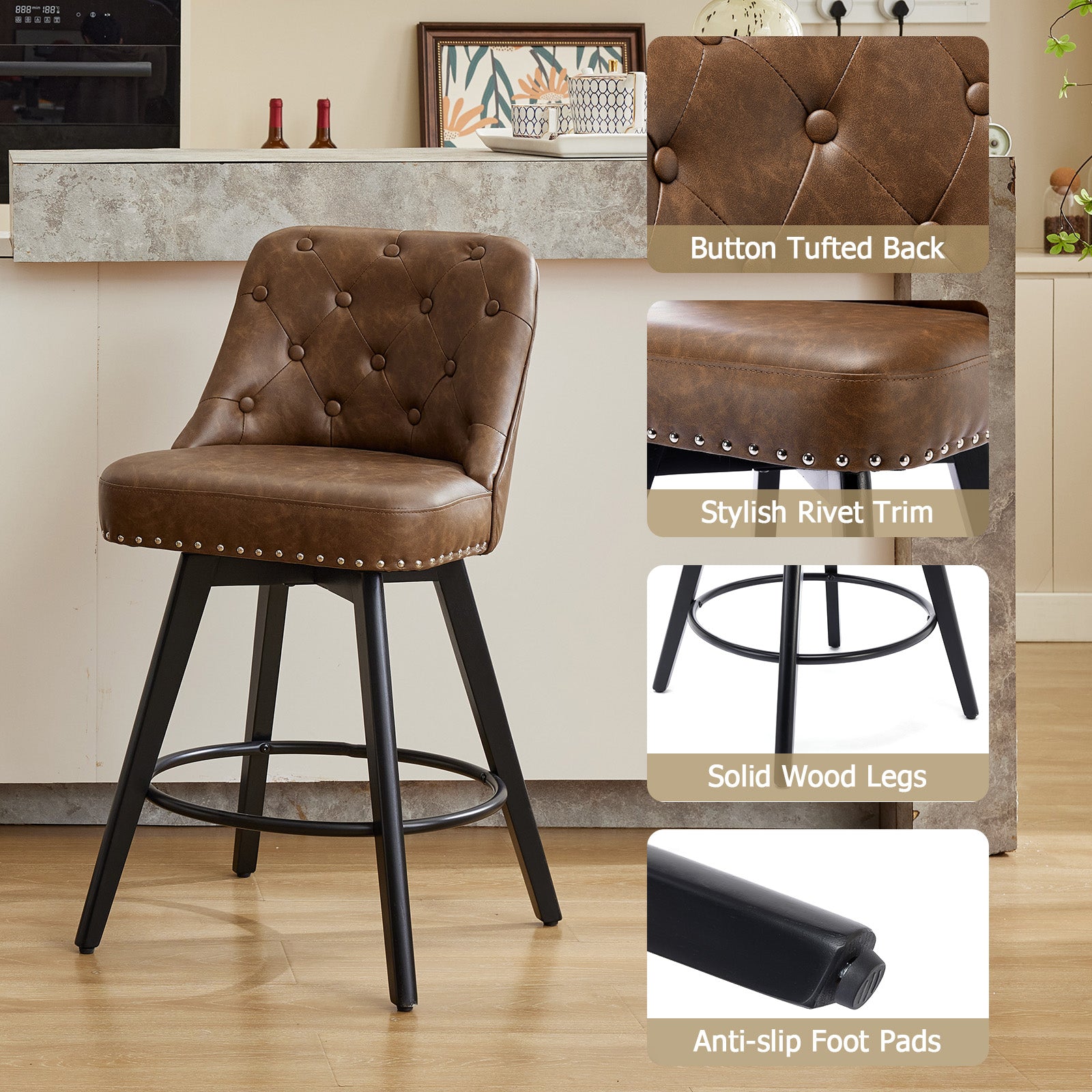 Garvee Taburetes de Bar Giratorios Modernos con Respaldo, Asiento Acolchado de Cuero, Patas de Madera Sólida, Altura 66 cm para Cocina y Bar en Casa, Diseño con Tachuelas, Negro