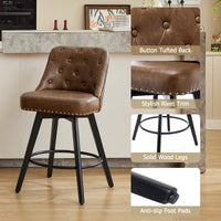 Garvee Taburetes de Bar Giratorios Modernos con Respaldo, Asiento Acolchado de Cuero, Patas de Madera Sólida, Altura 66 cm para Cocina y Bar en Casa, Diseño con Tachuelas, Negro