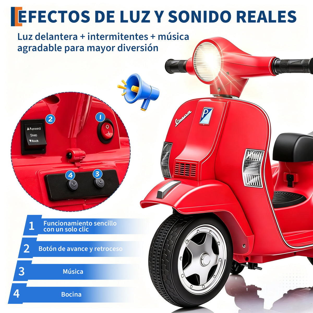 Garvee Moto Eléctrica Infantil Estilo Vespa con Licencia Oficial, Faros LED, Música y Ruedas de Apoyo, Batería 6 V 4,5 Ah, Motor 25 W, Carga Máxima 25 kg, Rojo