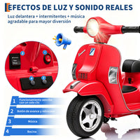 Garvee Moto Eléctrica Infantil Estilo Vespa con Licencia Oficial, Faros LED, Música y Ruedas de Apoyo, Batería 6 V 4,5 Ah, Motor 25 W, Carga Máxima 25 kg, Rojo