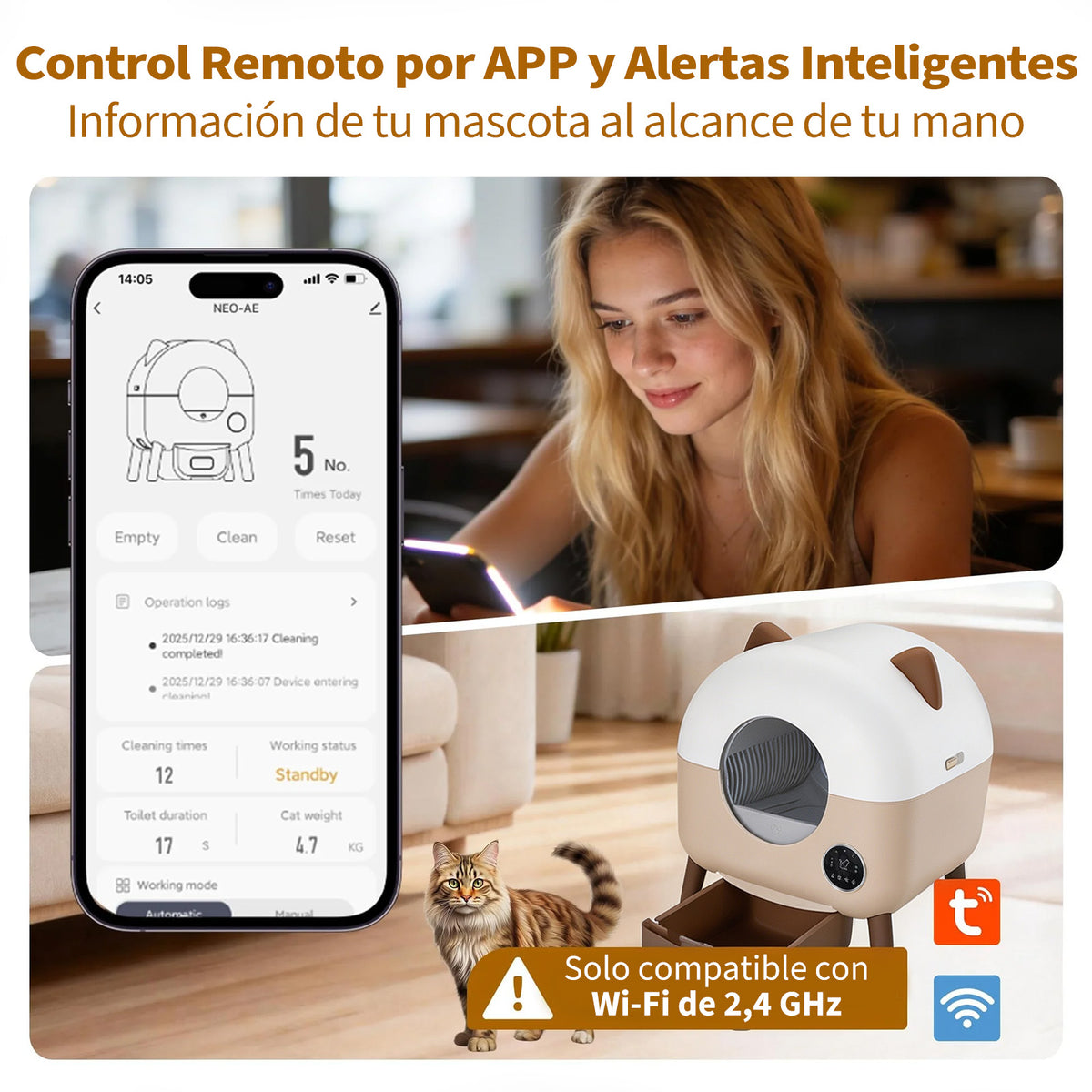 Garvee Arenero Autolimpiante Automático para Gatos Tambor 76 L Control por App Wi-Fi Triple Seguridad Blanco y Café