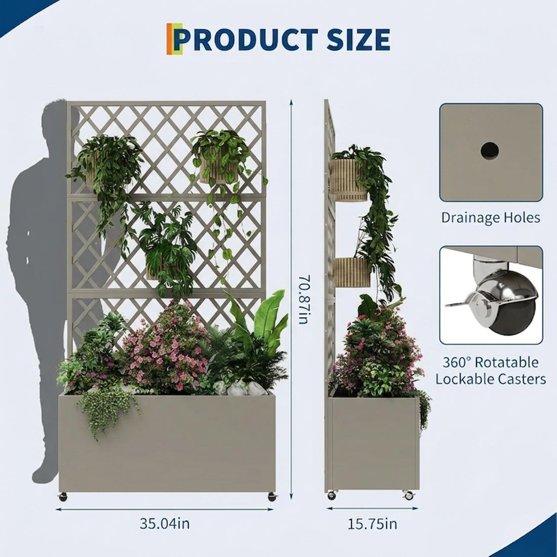 Garvee Macetero Elevado con Trellis y Ruedas, Acero Galvanizado, Móvil y Resistente para Jardín, Patio o Césped, Inteligente Drenaje, Tamaño Compacto, Color Gris