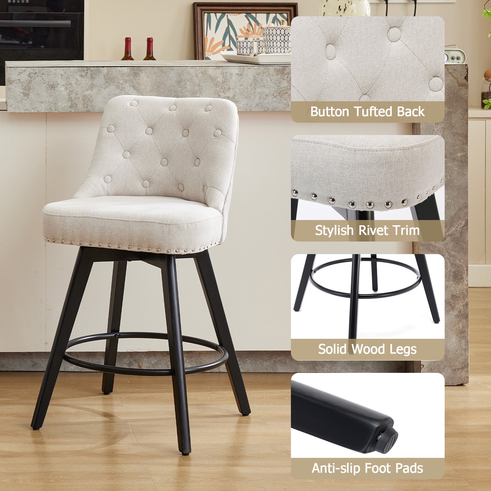 Garvee Taburetes De Bar Giratorios Modernos Con Respaldo Acolchado Patas De Madera Beige 26 In Para Cocina Y Bar En Casa