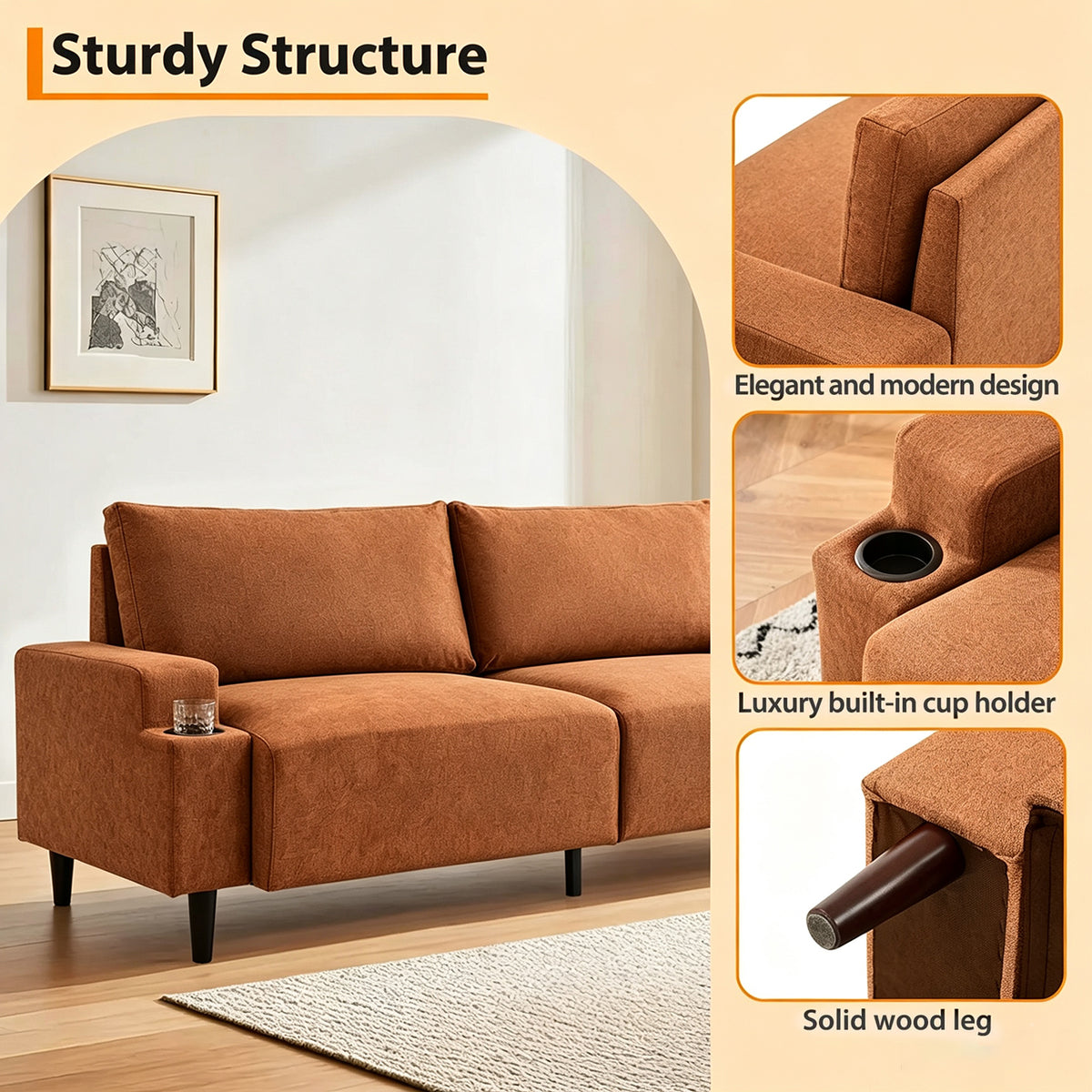 Garvee Sofa de Tres Plazas en Cuero Sintetico PVC con Asiento Profundo Comodo y Estructura Resistente Soporta 385 kg, Marron