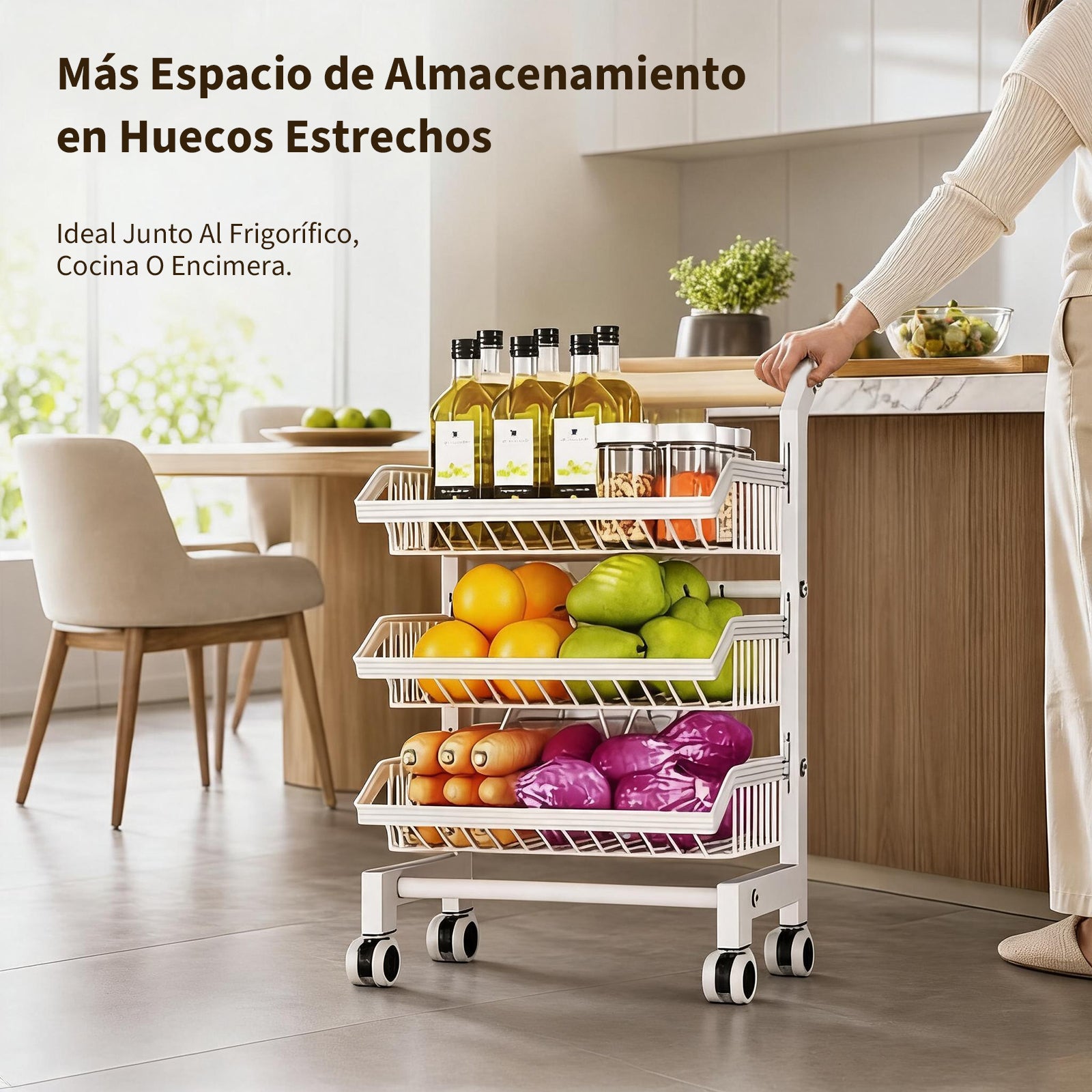 Garvee Carrito Organizador Móvil de Acero al Carbono de 3 Niveles con Ruedas Carro de Almacenamiento Multiusos para Cocina y Dormitorio Blanco