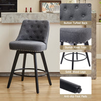 Garvee Taburetes de Bar Modernos Giratorios con Respaldo, Asiento Acolchado de Lino Gris, Patas de Madera Sólida, Altura 66 cm para Cocina y Bar en Casa