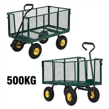 Garvee Carro de Jardín de Acero Super Resistente 500 KG 98x38x55 cm Ruedas Neumáticas 25.4 cm Manija Giratoria 180° Laterales Removibles para Trabajos Pesados Agricultura Verde Oscuro Llantas Amarillas