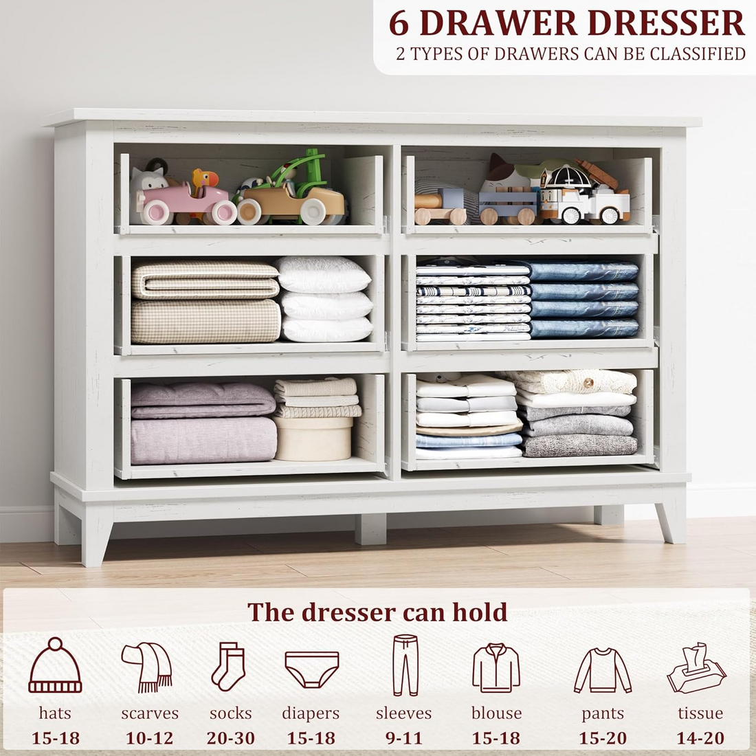 GarveeHome Cómoda de 6 Cajones para Dormitorio de Madera MDF con Patas de Metal Cajonera Grande Organizador Moderno 120 cm Blanco