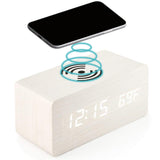 Garvee Reloj Despertador Digital De Madera Blanca Con 3 Alarmas, Carga Inalámbrica, Control Por Voz Y Activación Por Aplausos Para Dormitorio Y Oficina, 16x7x7cm