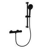 Garvee Set de Grifería de Ducha con Termostato, Botón de Seguridad 38°C, Latón Macizo Cromado, Soporte de Ducha Ajustable en Altura, Ducha Manual con 5 Modos de Chorro, para Baño - Negro Mate