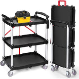 Garvee Carrito Plegable de Servicio 80 kg con Ruedas Giratorias 360°, Mango Ergonómico Rojo, Bandejas PP y Marco de Aluminio para Oficina y Hogar