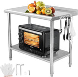 Garvee Mesa de Trabajo Industrial de Acero Inoxidable  Mesado con Doble Estante 91x61 cm - Sin Ruedas