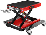 Garvee Elevador de Motocicletas 499kg con Plataforma Antideslizante y Ruedas Dolly, Ajustable y Plegable, Acero Resistente para Taller y Garaje - Rojo