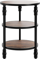 Garvee Mesa Auxiliar Redonda con 3 Estantes para Sala de Estar y Dormitorio, Estructura de Acero Reforzado, Estilo Industrial, 46x46x60cm Roble Oscuro - Roble Oscuro