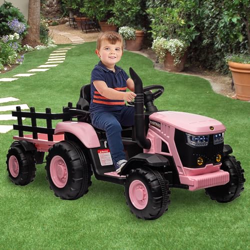Garvee Tractor Eléctrico 12V, Remolque Amovible, Motor Doble 35W, Control Remoto, 3-6 años, Jardín, Rosa