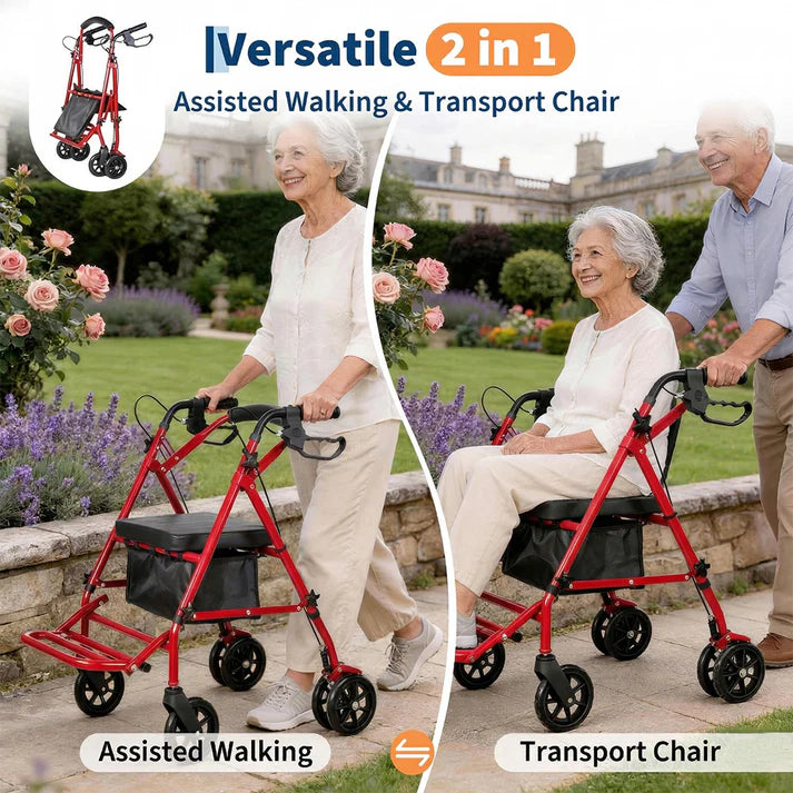 Garvee Andador Rollator Plegable de Acero con 4 Ruedas Asiento y Frenos Dobles Carrito de Compras para Adultos Mayores Altura Ajustable 80.5-91cm Rojo