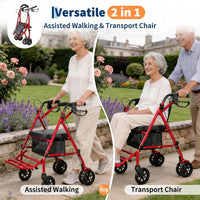 Garvee Andador Rollator Plegable de Acero con 4 Ruedas Asiento y Frenos Dobles Carrito de Compras para Adultos Mayores Altura Ajustable 80.5-91cm Rojo