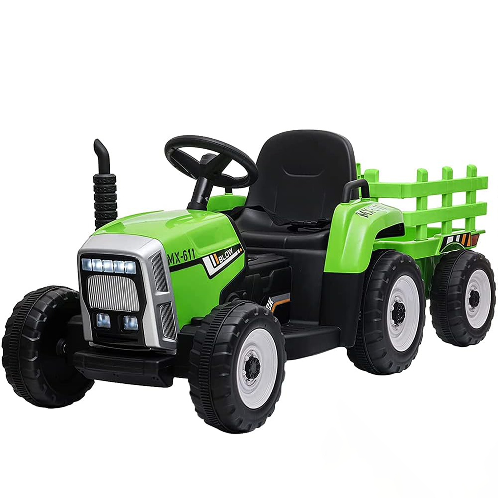 Garvee Tractor Eléctrico 12V, 2 Modos De Conducción, Mando A Distancia, 3 Velocidades, Remolque, Luces LED, Bluetooth, Música USB, 3-7 años, Jardín, Verde