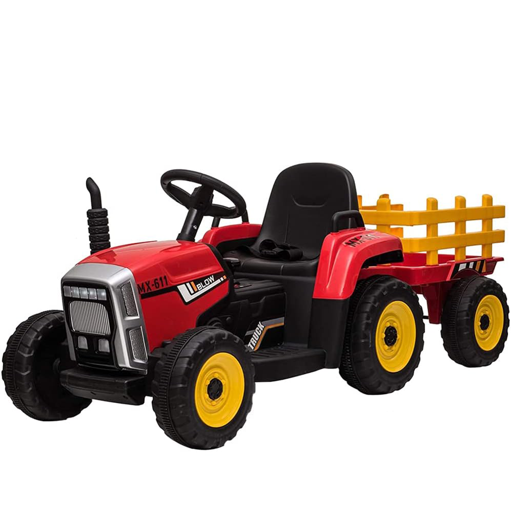 Garvee Tractor Eléctrico 12V, Remolque Extraíble, Luces LED y Bluetooth, 3-7 años, Jardín, Rojo