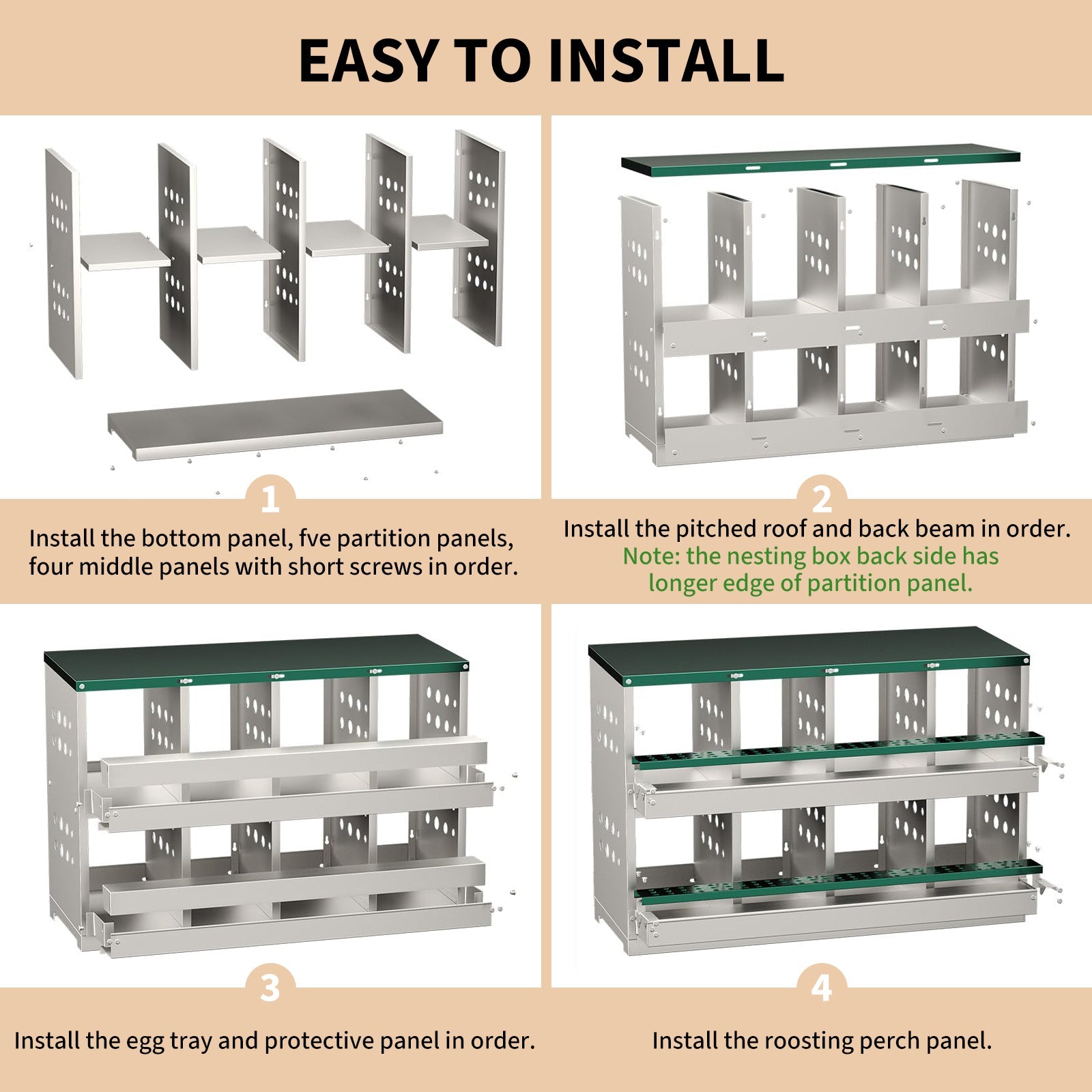 Garvee Caja de Anidación para Gallinas 2 Capas 8 Compartimentos, Acero Galvanizado, Con 8 Huevos Falsos, Bandeja de Recolección Barra para Posarse, Resistente a la Oxidación, Verde Oscuro
